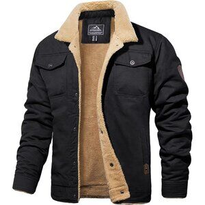 Mens Black AI Winter Sherpa Lined Jacket Warm Trucker Coat Multi Pocket